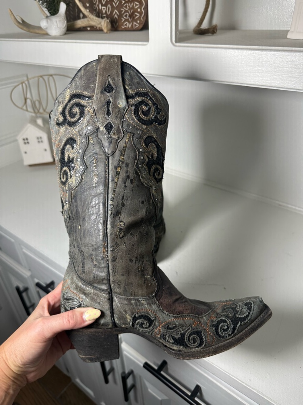 Corral Buckle Exclusive Cowboy Boots Women's 6.5M Black Goat Leather Hand Waxed - Picture 9 of 11
